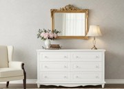 Biała komoda z szufladami Nelia. 6 pojemnych szuflad w dwóch rzędach, białe gałki, frezowania. Komoda do salonu, komoda do sypialni.
