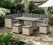 Narożnik ogrodowy ze stołem i pufami Mexico 019 jasny beż, poduszki szare