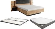 Łóżko z szafkami nocnymi 140 x 190 cm - Z oświetleniem LED - Kolor: Naturalny i antracyt + Stelaż + Materac - ELYNIA