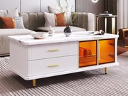 Stolik kawowy w stylu skandynawskim - 2 szuflady i 2 drzwi - wbudowane LED - okleina w wzór marmuru - Biały