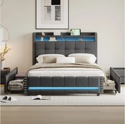 Łóżko tapicerowane 140 x 200 cm z wezgłowiem i 4 szufladami - LED + port USB - Tkanina lniana - Szare (bez materaca)