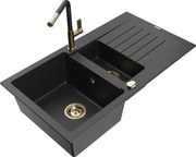 Mexen Matias zlewozmywak granitowy 1,5-komorowy z ociekaczem i baterią kuchenną Flora, czarny/srebrny - 6502-73-670401-57-G