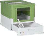 PawHut Kuweta dla Kota, Składana, z 2 Drzwiami i Łopatką, 47,5x35,5x36,7cm, Biały/Zielony