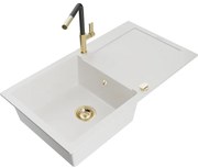 Mexen Leo zlewozmywak granitowy 1-komorowy z ociekaczem i baterią kuchenną Flora, biały - 6501-20-670401-57-G