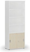 Szafa biurowa kombinowana PRIMO WHITE, drzwi przesuwne na 2 poziomach, 800 x 420 x 2128 mm, biały/brzoza