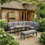 Zestaw mebli ogrodowych 8-osobowy - narożnik + stolik kawowy + ławka - pleciona lina polietylenowa - metal - szary