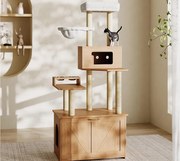 Drzewko dla kota 80x50x173 cm - z drapakiem i domkiem dla kota - z 2 miskami - kuweta - 1 hamak - naturalny