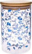 Szklany pojemnik z pokrywką bambusową Niebieskie kwiaty, 840 ml
