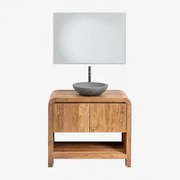 Zestaw Mebli Łazienkowych Z Drewna Vacry Akacja Brąz & Okrągły Szary Cement Ø40 Cm Tarsis & Prostokątna Lampa Led - Sklum