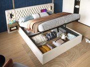 Łóżko z weluru 160x200 cm - 2 nocne stoliki + 2 lampki do czytania z gniazdem USB - Beżowe (materac nie wchodzi w skład)