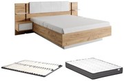 Łóżko z szafkami nocnymi 160 x 200 cm - Z oświetleniem LED - Naturalny i biały + Stelaż + Materac - ELYNIA