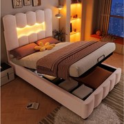 Łóżko z pojemnikiem 90x200 cm z oświetleniem LED i regulowanym zagłówkiem, welur różowy - bez materaca