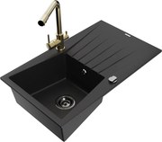 Mexen Cesar zlewozmywak granitowy 1-komorowy z ociekaczem i baterią kuchenną Duero, czarny - 6514-77-671600-50-B