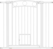 PawHut Brama dla Zwierząt Domowych, 96 cm Barierka na Schody, Regulowana Szerokość 76-104 cm, z Drzwiczkami dla Kota, na Schody i Przejścia Drzwiowe, Biały