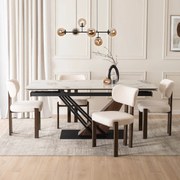 Zestaw Stół Rozkładany Ceramiczny REX 2 180-240 cm Biały Marmur/Orzech i 4 Krzesła Tapicerowane GRENADA Kremowe Nowoczesne