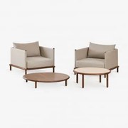 Zestaw Wypoczynkowy Z 2 Fotelami I 2 Okrągłymi Stolikami Kawowymi Z Drewna Akacjowego Olivia Ciemny Akacjowy Brąz - Kremowa - Sklum