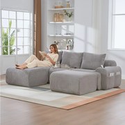 Sofa modułowa 3-osobowa - 268 x 174 x 80 cm - z 2 pufami + uchwytami na kubki + kieszenią do przechowywania - aksamit - jasnoszary