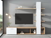 Ścienna szafka TV z przechowalnią - 3 przegrody i 3 półki - Biała i naturalna