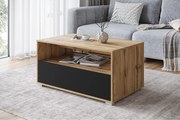 Nowoczesny stolik kawowy do salonu, prostokątny z półką i schowkiem, 90 cm, dąb wotan, czarny mat