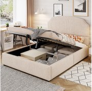 Łóżko tapicerowane ze schowkiem - 140 x 200 cm - z hydraulicznym schowkiem + zagłówek - MDF + metal + sklejka - beżowe