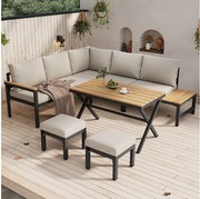 Zestaw mebli ogrodowych modułowych ze stali ocynkowanej 4-częściowy - sofa narożna i 2 stołki + stolik kawowy - beżowy