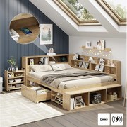 Łóżko dziecięce z pojemnikiem - 140 x 200 cm - z wysuwanymi szufladami nocnymi + półka - sklejka - naturalne