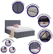 Łóżko Tapicerowane stelaż, pojemnik na pościel 140x200 ciemny szary PRATO