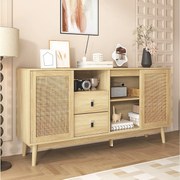 Kredens w jasnym naturalnym kolorze z 3 drzwiami rattanowymi i 2 szufladami do przechowywania - do salonu