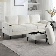 Beżowy narożnik - Sofa z podnóżkiem i schowkiem - szenil - uchwyt na kubek i schowek
