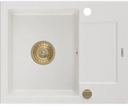 Mexen Enzo zlewozmywak granitowy 1-komorowy z ociekaczem 576 x 465 mm, biały, syfon złoty - 6506571005-20-G