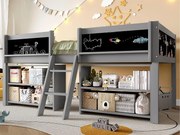 Łóżko dziecięce 90x200 cm - z półką przechowawczą - z barierkami + drabiną - szary (materac nie jest dołączony)