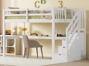 Łóżko mezzanine z drewna sosnowego - 90x200cm - z schodami do przechowywania i biurkiem - z stelażem na listwy - Białe