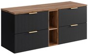 Szafka pod umywalkę wisząca ryflowana z wnękami - Czarny i naturalny jasny - szer. 140 cm - ZEVARA