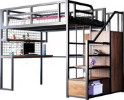 Łóżko mezzanine 140x200 cm - z oświetleniem LED i gniazdkami - z drabinką z miejscem do przechowywania - z szafą - przechowywanie i stolik - czarny