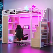 Łóżko piętrowe metalowe dla dzieci - 90 x 200 cm - z szafą + schodami do przechowywania + biurkiem + regałem - metal + płyta MDF - białe