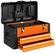 HOMCOM Pusta Skrzynka na Narzędzia, 49,7 x 25,3 x 28,9 cm, Skrzynka z Szufladą i Mini-Skrzyneczką, Stal Pomarańczowa