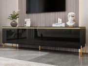 Nowoczesny lakierowany błyszczący mebel TV - 170x38x50 cm - 4 drzwi - Złocone wykończenia - Nogi metalowe - Czarny