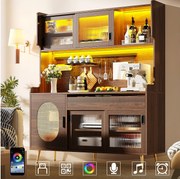 Kredens kuchenny w stylu rustykalnym - 145 x 39 x 171 cm - z 5 drzwiami + diody LED + panel do przechowywania + szuflada - MDF - brązowy