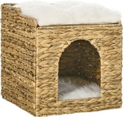 PawHut Rattanowy domek dla kotów 2 poziomy Jaskinia z poduszką Chatka | Aosom PL