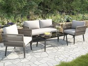 Zestaw mebli ogrodowych, 4 miejsca, kanapa, 2 fotele i stolik kawowy, na zewnątrz, plecionka z PE, stal ocynkowana, szary