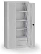 Szafa warsztatowa, 4 półki + 2 szuflady, 1950 × 950 × 500 mm, szare drzwi