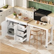 Rozkładana wyspa kuchenna na kółkach - 112/186,8 x 45 x 93 cm - z półką + 3 szufladami + 2 drzwiami - MDF - biała