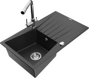 Mexen Cesar zlewozmywak granitowy 1-komorowy z ociekaczem i baterią kuchenną Duero, czarny/srebrny metalik - 6514-73-671600-00