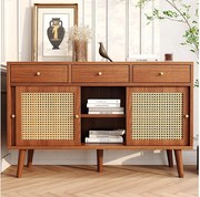 Komoda z 3 drzwiami przesuwnymi i 3 szufladami z płyty MDF - efekt rattanu - kolor orzech