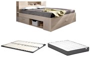 Łóżko ze skrzynią i szufladami - 160 x 200 cm - Kolory: naturalny + Stelaż + materac - LEANDRE