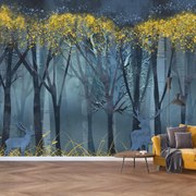 Fototapeta - Niebieski krajobraz z jeleniami (196x136 cm)