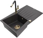 Mexen Cesar zlewozmywak granitowy 1-komorowy z ociekaczem i baterią kuchenną Flora, czarny nakrapiany - 6514-76-670401-57-G