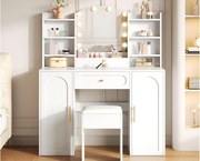 Toaletka z lustrem 110x40x132cm - z regulowanym oświetleniem LED - z 1 stołkiem - z 1 szufladą i 2 drzwiami - Biały
