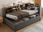 Tapicerowana sofa z funkcją spania i schowkiem 90×200 cm - z oświetleniem - z portem USB i Type-C - Aksamit - Ciemnoszary (bez materaca)