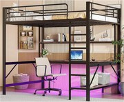 Łóżko mezzanine 140x200 cm - z barierkami - z drabiną - z USB i gniazdkami - z oświetleniem LED - z biurkiem + półkami wielopoziomowymi - czarne (bez materaca)